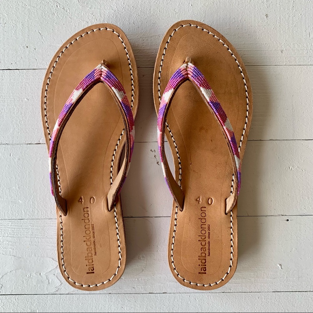 Laidback London Beaded Sandals Leather Pink Purple Summer Size 40 Size 9